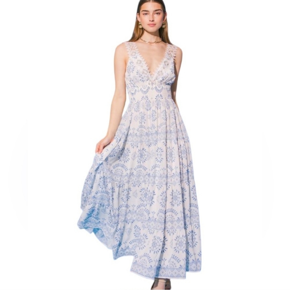 Flying Tomato, Ivory, blue print laced Midi dress